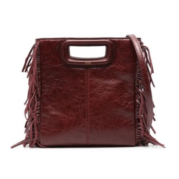 Maje Maroon Burgundy Cowhide Fringe Bag Crossbody Clutch Bag Boho